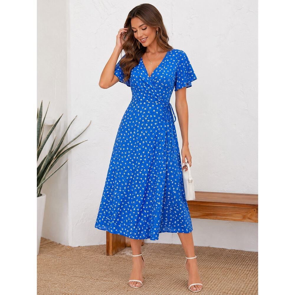 Lulu's Maretta Blue Floral Wrap Midi Dress - Size Small - Picture 2 of 10